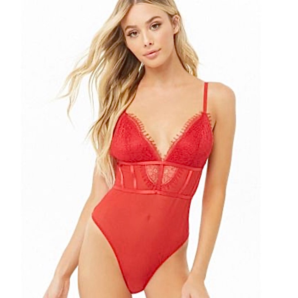 Red caged lace mesh teddy